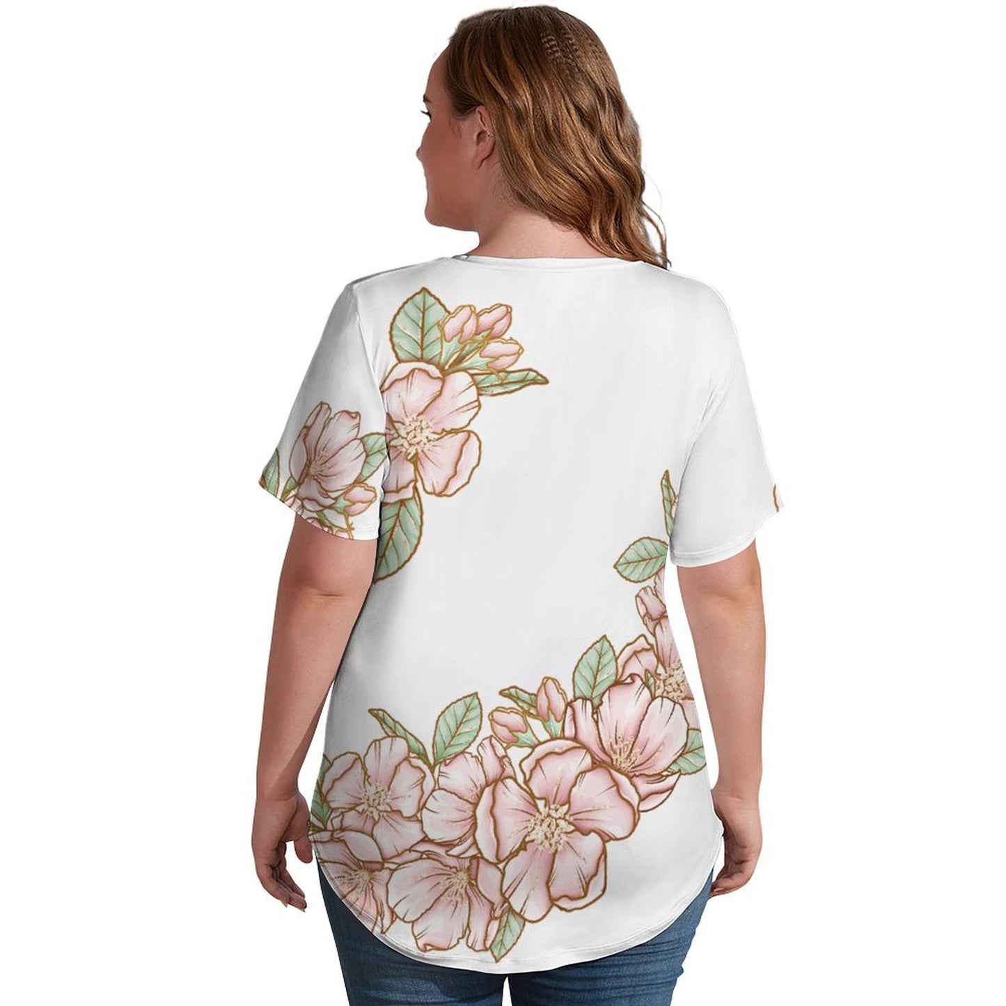 V Neck Short-sleeve Women Shirt Printed Flowers