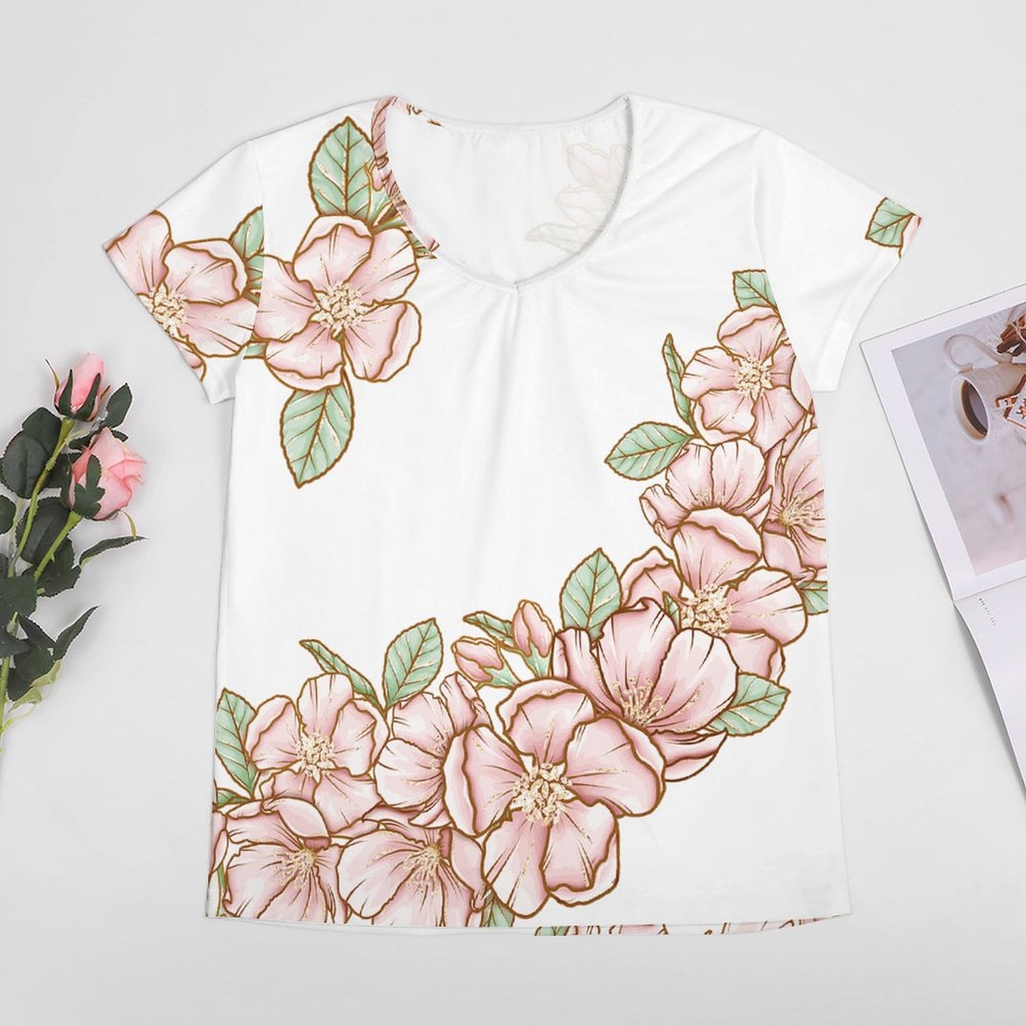 V-neck Short Sleeve T-shirt Flowers