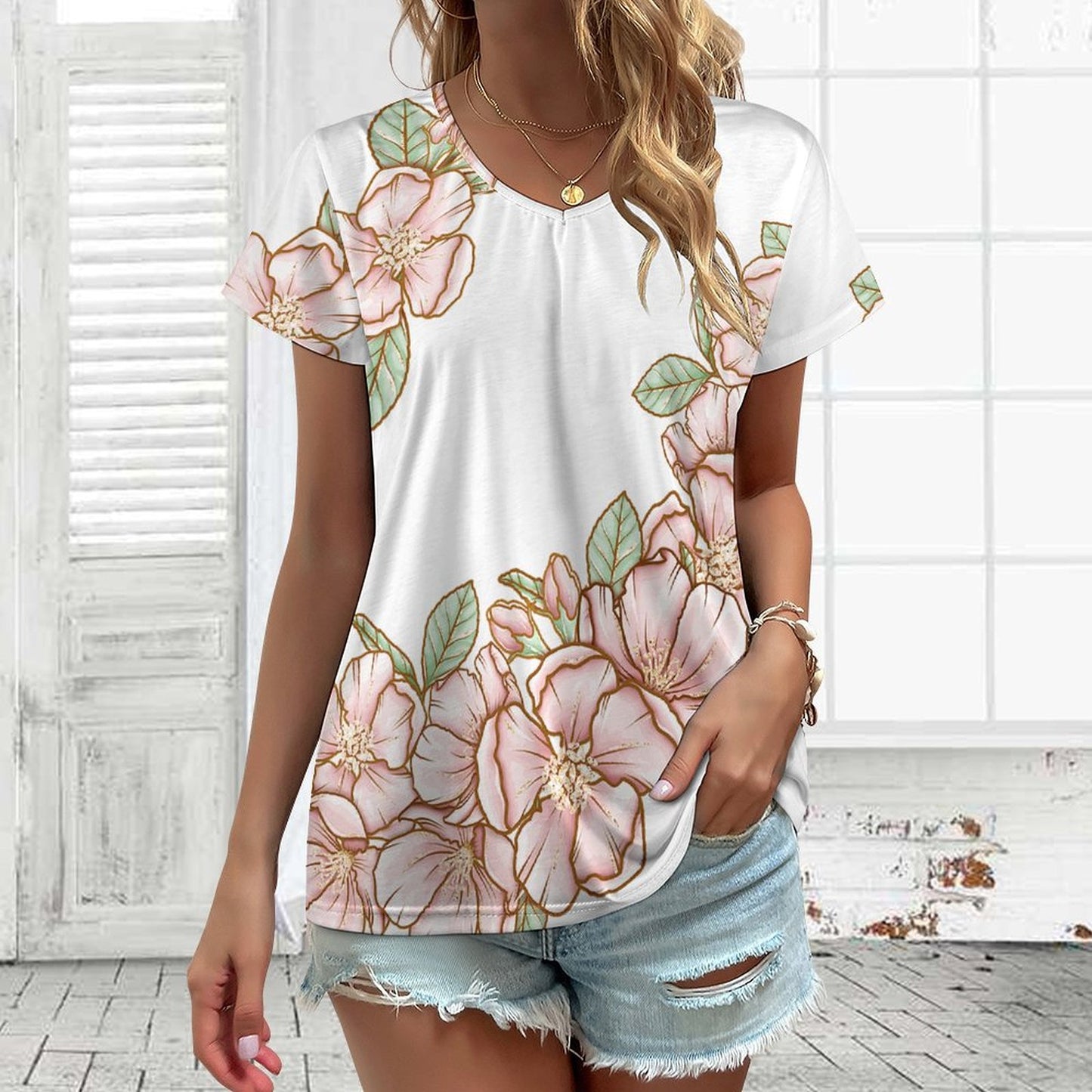 V-neck Short Sleeve T-shirt Flowers