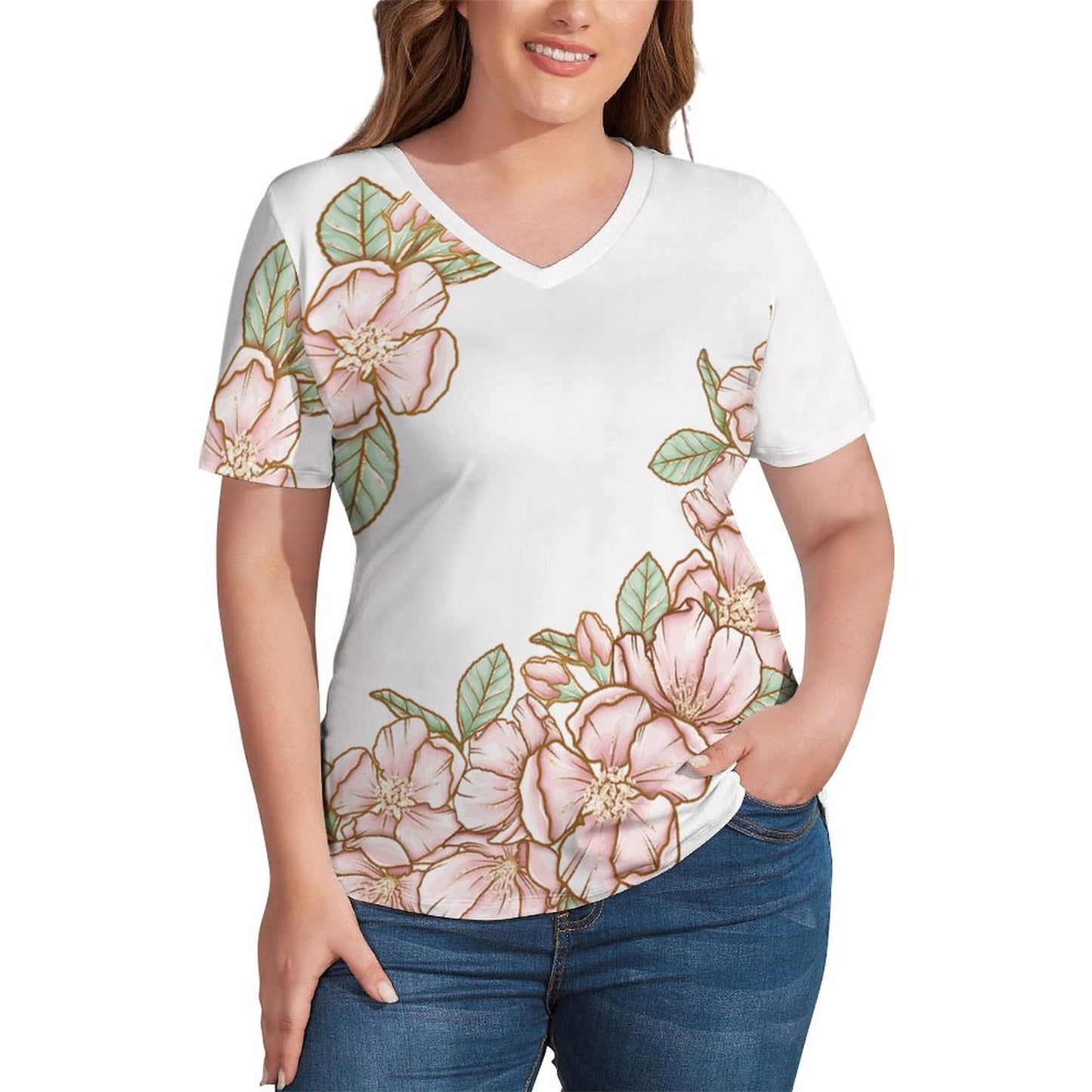 V Neck Short-sleeve Women Shirt Printed Flowers