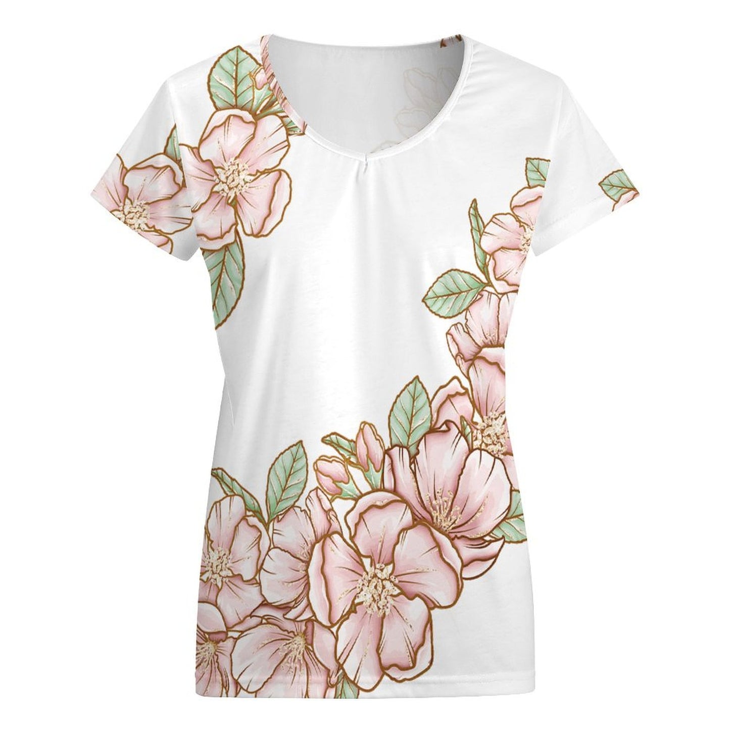 V-neck Short Sleeve T-shirt Flowers
