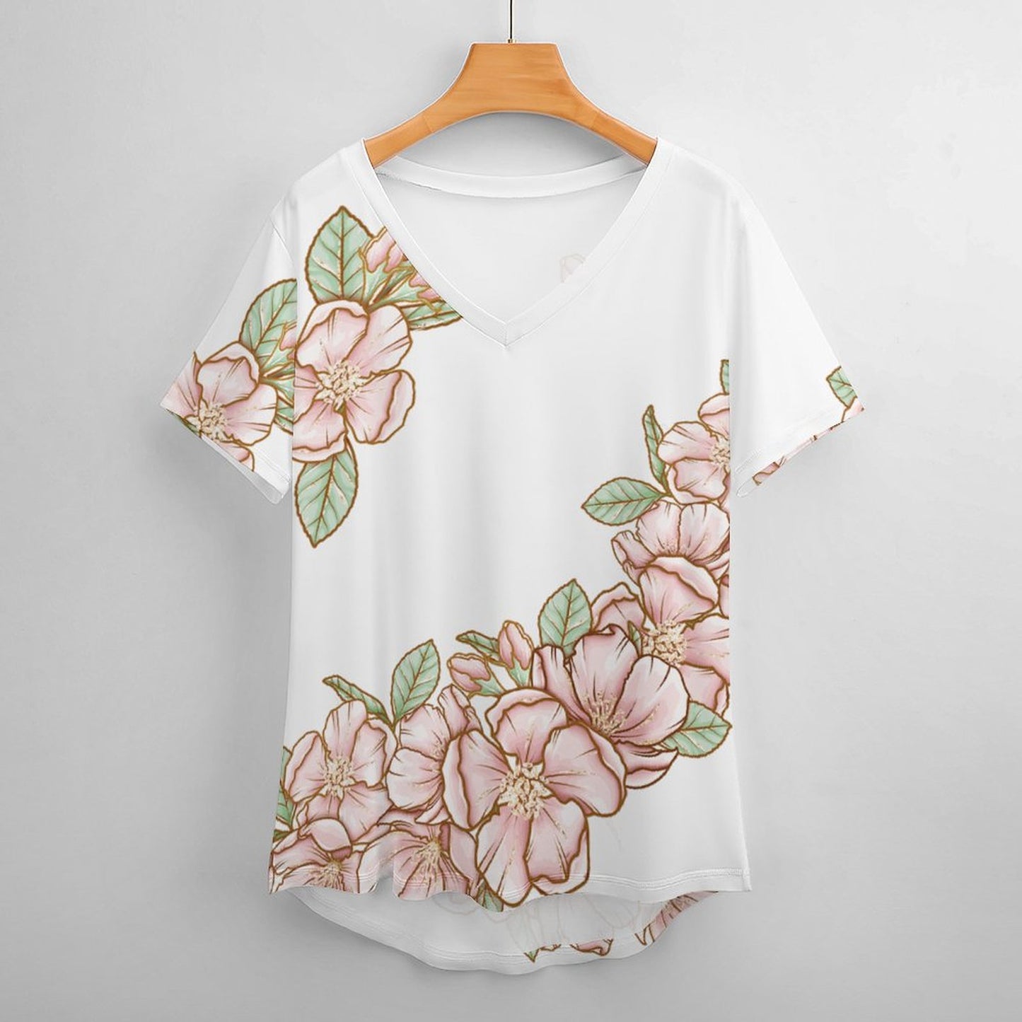 V Neck Short-sleeve Women Shirt Printed Flowers