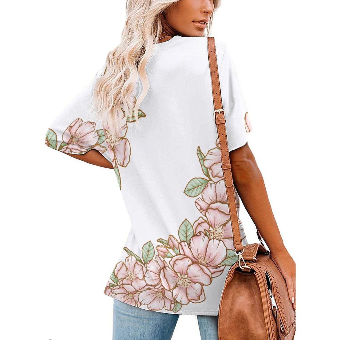 V Neck Short-sleeve Women Shirt Printed Flowers