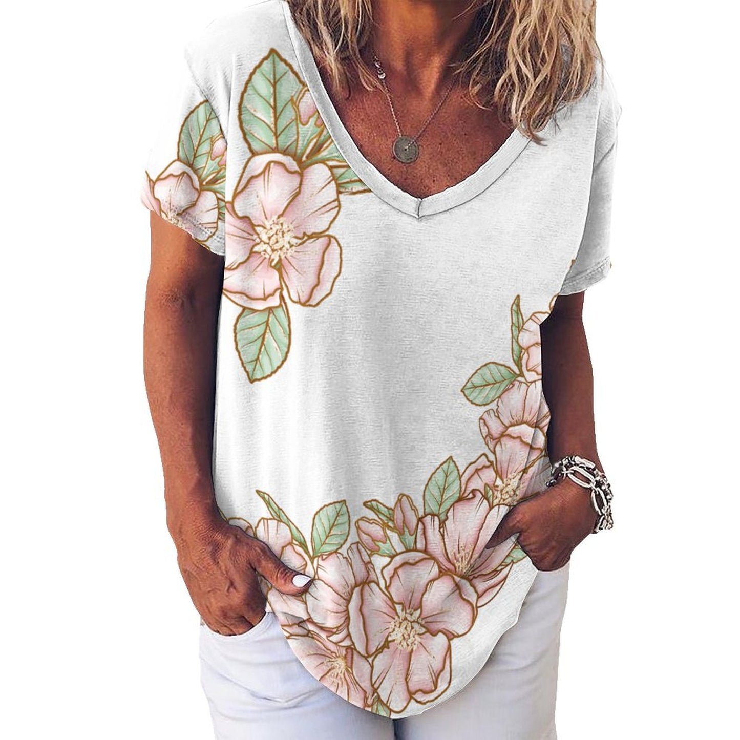 V Neck Short-sleeve Women Shirt Printed Flowers