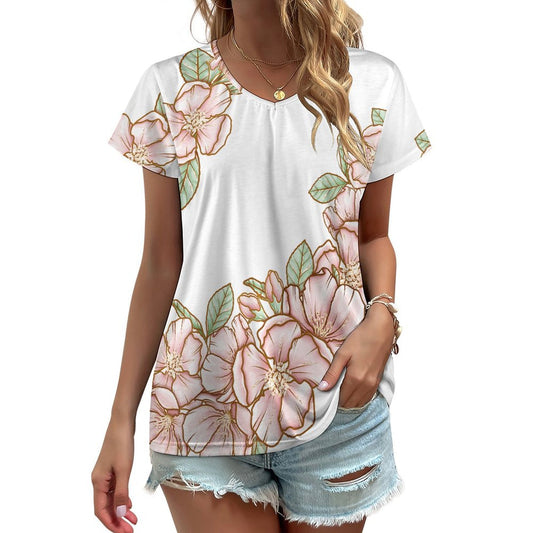 V-neck Short Sleeve T-shirt Flowers