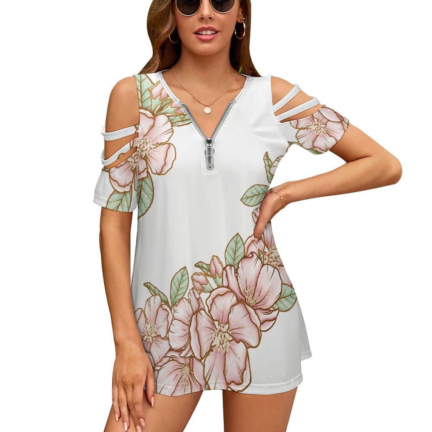 BE Zip Off Shoulder Top Flowers