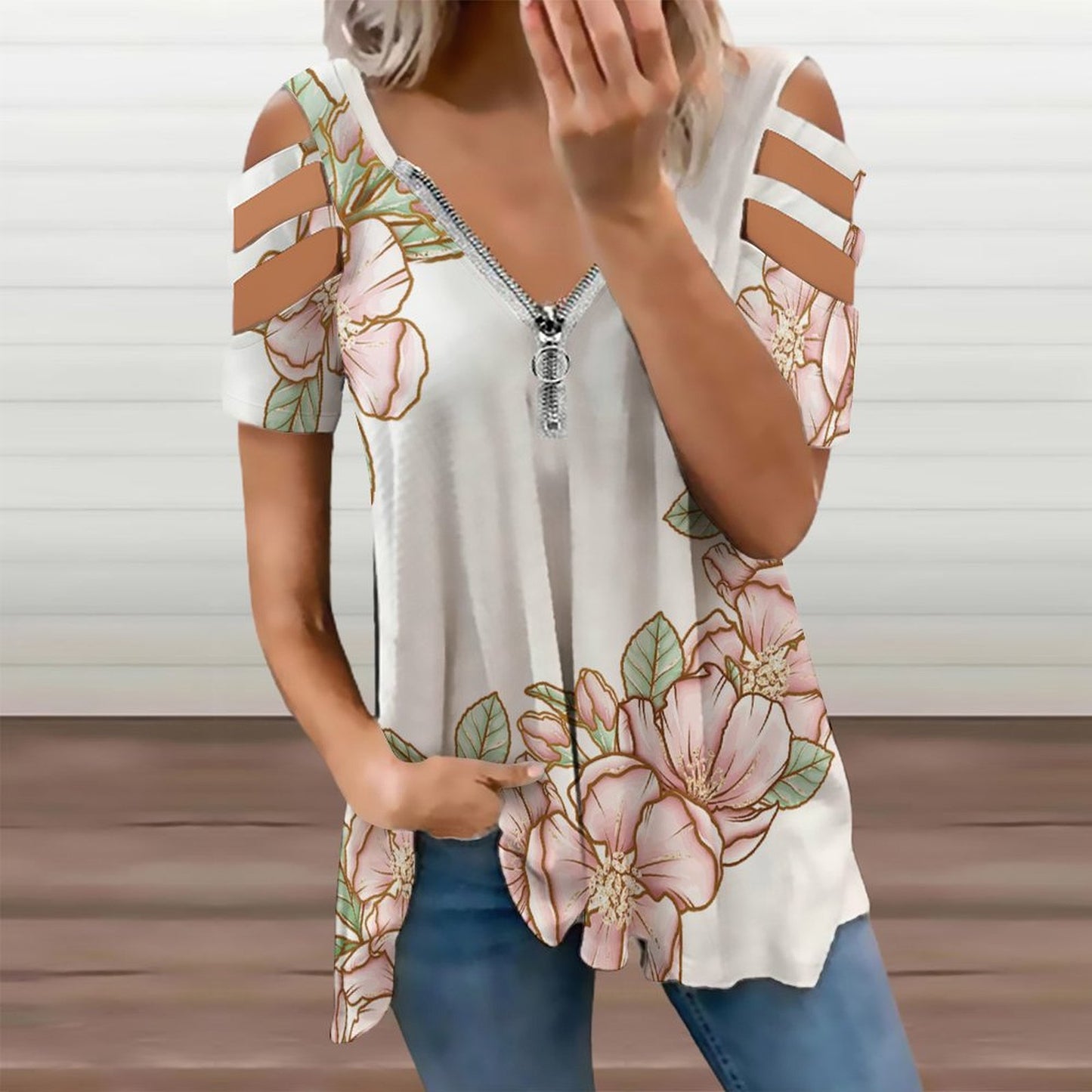 BE Zip Off Shoulder Top Flowers