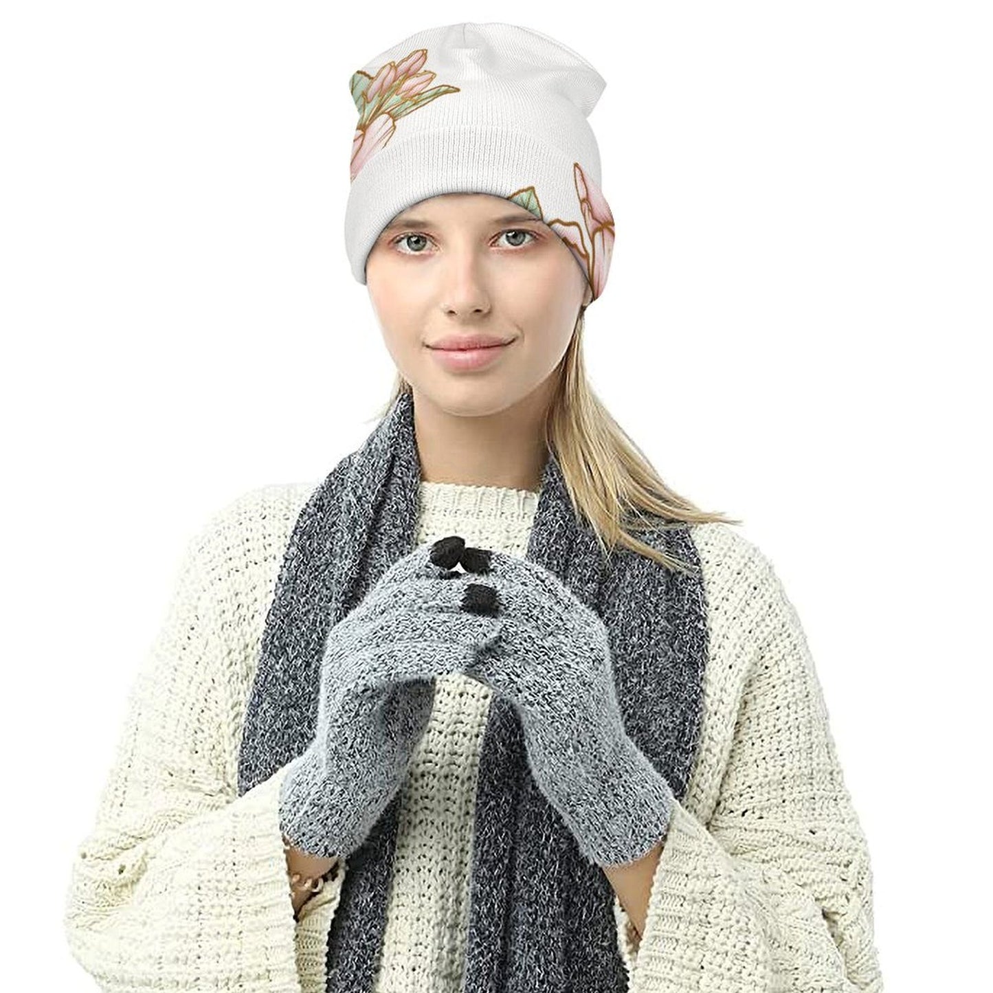 Full Printed Knitted Hat Flowers Style One Size
