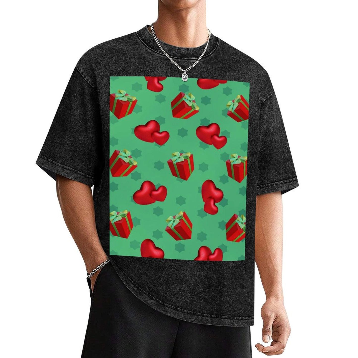 T-shirt Green, Red Gift, Heart Shape, Pattern